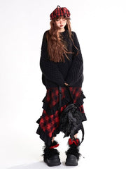 Plaid Pattern Red Handkerchief Hem Bowknots Skirt