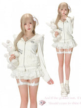 White Otaku Moe Hooded Jacket - Cross Zipper, Lace Trim, Cat Pocket & Kitten Embroidery