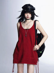 Red Side Slit Vintage Glamorous Tank Top with Black Bustier Top Set