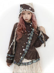 Vintage Mori Kei Brown Knit Cardigan with Green Plaid Accents & Playful Buttons