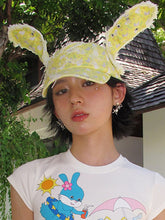 Yellow Kitty and Bunny Print Denim Bunny Ear Cap