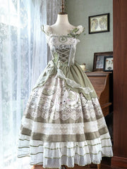Teacup and Rabbit Print Green Layered Country Lolita Dress with Lace Trimmings