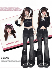 Silver Studs Black and Gray Pocket Design Flared Jeans with Free Waist Belt