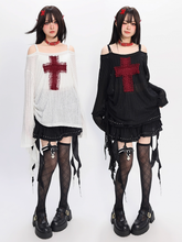 Off-the-Shoulder Neckline Coverup Black/White with Red Cross Applique
