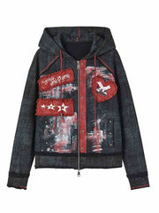 Sweetheart Applique Black Gothic Punk Distressed Zip Hoodie with Studs