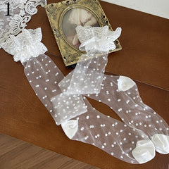 White Lace Tulle Socks/Lace Trims Hollow-out Underknee Stockings/Floral Pattern Underknee Stockings/Feather Fishnet Socks