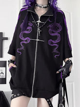 Gothic Cheongsam Style Black Tracksuit Jacketwith Purple Striped Short Sleeves&Snake Embroidery