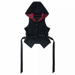 Red Plaid Hood Black Curved Hem Idol Vest with Adjustable Waist Belt