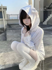 White Kitty Ears Hooded Jacket with Black Polka Dots, Cat and Musical Note Print