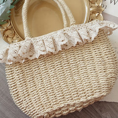 Sweet Lolita Strawberry Lace Details Straw Tote Bag