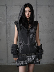 Wasteland Punk Dark Gray Y2K Hoodie Dress with Detachable Sleeves & Layered Plaid Skirt