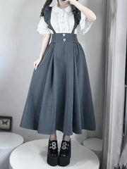 Jirai Kei Gray High-Waist Suspender Skirt:Adjustable Strapswith Decorative Heart Rhinestones