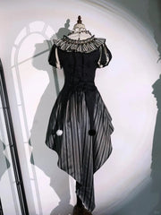 Black and White Circus Vibes Sweet Lolita Full Set- Puff Sleeves Clown Top + Hi-lo Skirt + Accessories