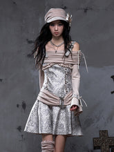 Vintage Punk A-Line Beige-gray PU Dress with Khaki Knit Off-Shoulder Design & Belt