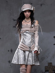 Vintage Punk A-Line Beige-gray PU Dress with Khaki Knit Off-Shoulder Design & Belt