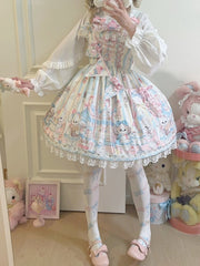 Puppy's Afternoon Tea Print Light Yellow Sweet Lolita Dress with Flags Ribbon