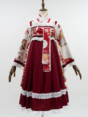 Beige Bear Print Crossover Design Top + Red Lace Trimmed JSK Dress Wa Lolita Set