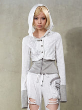 White Punk Y2K Rhinestone Hoodie Jacket with Gray Knit Hem