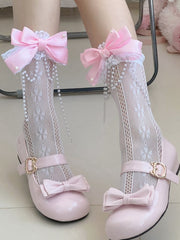 White/Black/Navy Blue/Grey Lolita Bowknot Details Hollow-out Calf Socks