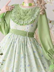 Kitty and Floral Print Green Sweet Lolita Long Sleeves Spring Dress