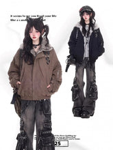 Brown/Black Punk Fleece-lined Blouson Jacket with Plush Collar, Decorative Buckle Straps & Cross Details