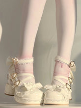 White Sweet Lolita Platform High-heel Mary Janes - Cake Heel with Bow Details & Heart Buckle