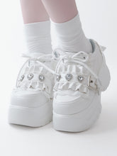 White Jirai Kei Platform Shoes - Crystal Heart Back Lacing, Rhinestone Heart Decor Strap & Ruffles Trim