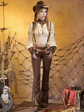 Steampunk Brown Suede Pants with Detachable PU Suspenders & Orange Lace V-Waistband
