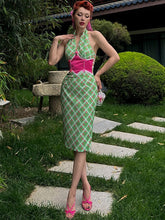 Vintage Green Plaid and Floral Pattern Backless Sheath Dress