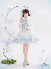 White & Blue Lace-Trimmed Sweet Lolita Dress with Bows and Petal-Edged Cuffs