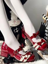 Wine Red Sweet Lolita Mary Jane Shoes - Bead Embellishments with Heart and Bow Accents