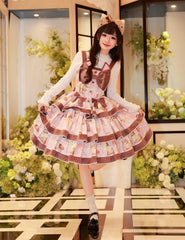 Adorable Fluffy Kitty Print Pink Sweet Dress Cat Ears Big Bow Bodice Lolita Jumper Skirt