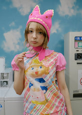 Pink Plaid Pattern and Girl Print T-shirt