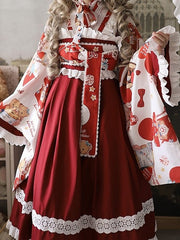 Beige Bear Print Crossover Design Top + Red Lace Trimmed JSK Dress Wa Lolita Set