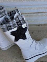White Punk Platform Knee-high Boots with Bone Embroidery, Fold-over Cuff Design & Dual Closure