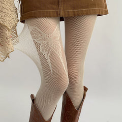 Butterfly Creamy White / Black Tattoo Fishnet Tights