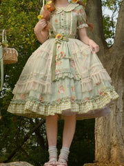 Green Bunny and Sunflower Print Puff Sleeves Sweet Lolita Dress with Overlay and Plaid Hem