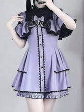 Violet Jirai Kei Short Sleeve Coord - Cross-Strap Illusion Neckline Dress & Matching Shorts