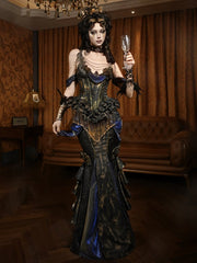 Clearance-Size M for Bust 82-86CM Black and Gold Gorgeous Tassels Boned Corset Top + Gold Chiffon Skirt