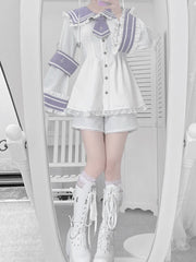 Jirai Kei Nautical Fashion Set - White and Purple Bell Sleeves Top with Matching Shorts