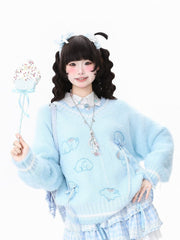 Yellow/Blue Daily Kawaii V-neck Sweater with Dog Pattern & Bow-shaped Clips