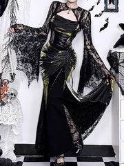 Halloween Gothic Black Slip Mermaid Dress with Metallic Satin & Crisscross Lacing