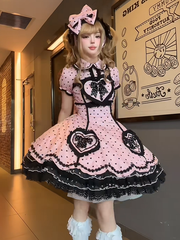 Black Heart Polka Dot Sweetheart Applique Pink Sweet Lolita Dress with Bow Accents