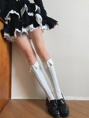 White/Black/Gray Turn-Down Collar Button Design Calf Sockswith Polka Dot Pattern