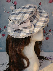 Brown/Blue Plaid Lolita Hat with Large Bow and Lace Trim