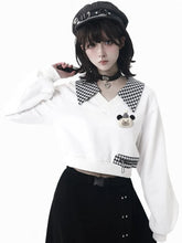 White Cropped Sweatshirt with Plaid Accents