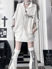 White Punk Short Sleeve Zip-Up Jacket with Black Text Stripes & Cross Print