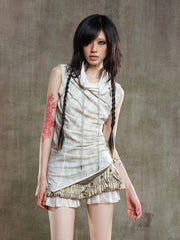 Apricot Punk Asymmetrical Multi-Wear Vest with Zipper Neckline & Drawstring Collar