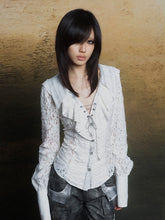 White Punk Vintage Blouse with Layered Collar & Lace-Up Detail