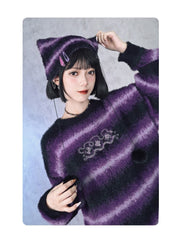 Gothic Purple Cheongsam Faux Mink Cat Ear Beanie with Gradient Stripes & Pom-Poms